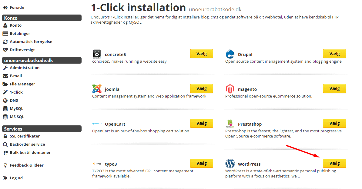 1-click installation af WordPress